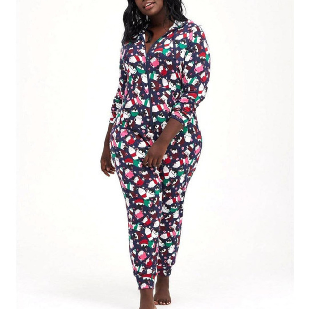 Torrid 1X/2X Fleece Full Length Hooded Coffee Lovers Hooded Union Suit Pajamas
